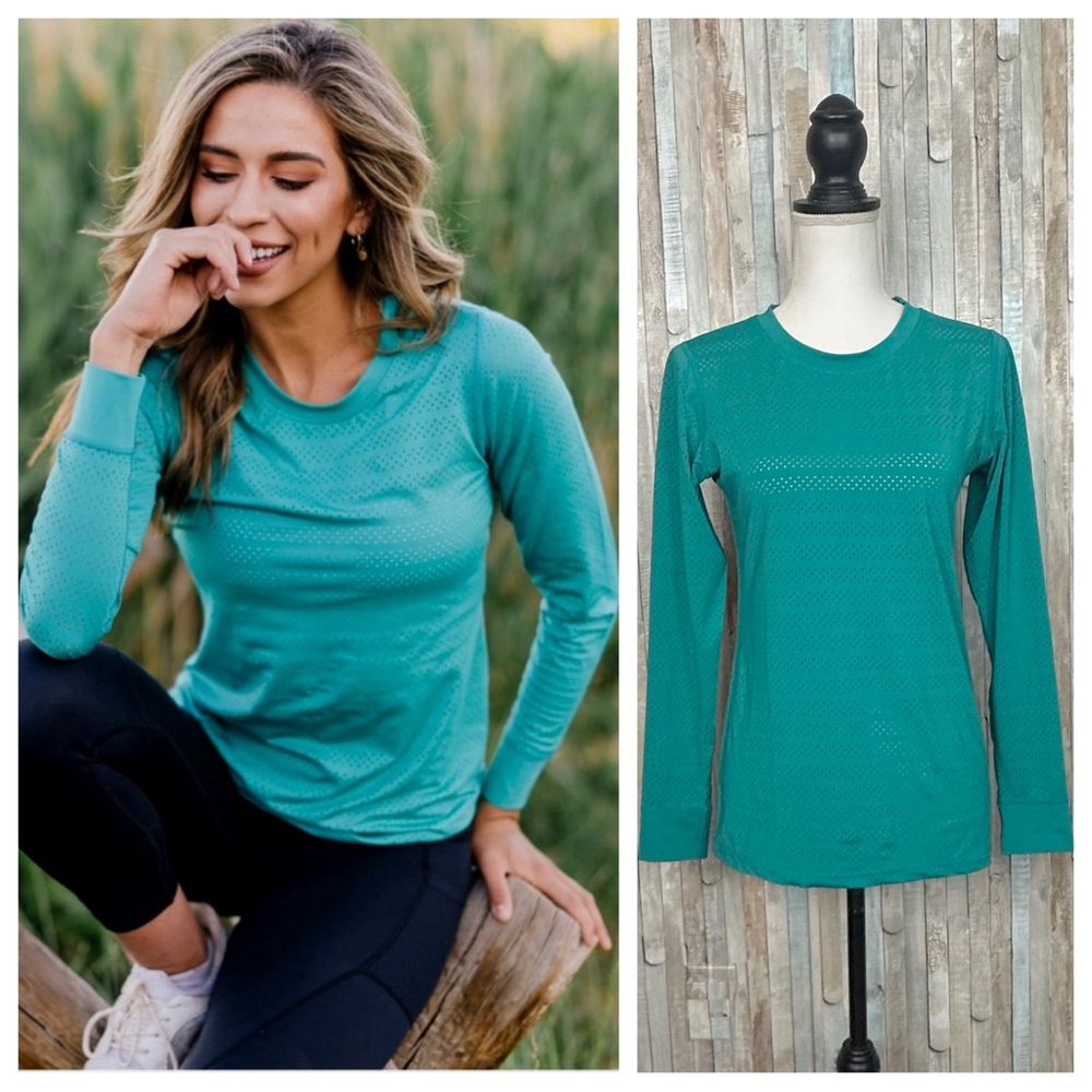 Zyia Active S Teal Chill Long Sleeve Crew Neck Perforated Mesh Top Tee T-Shirt - Picture 1 of 12